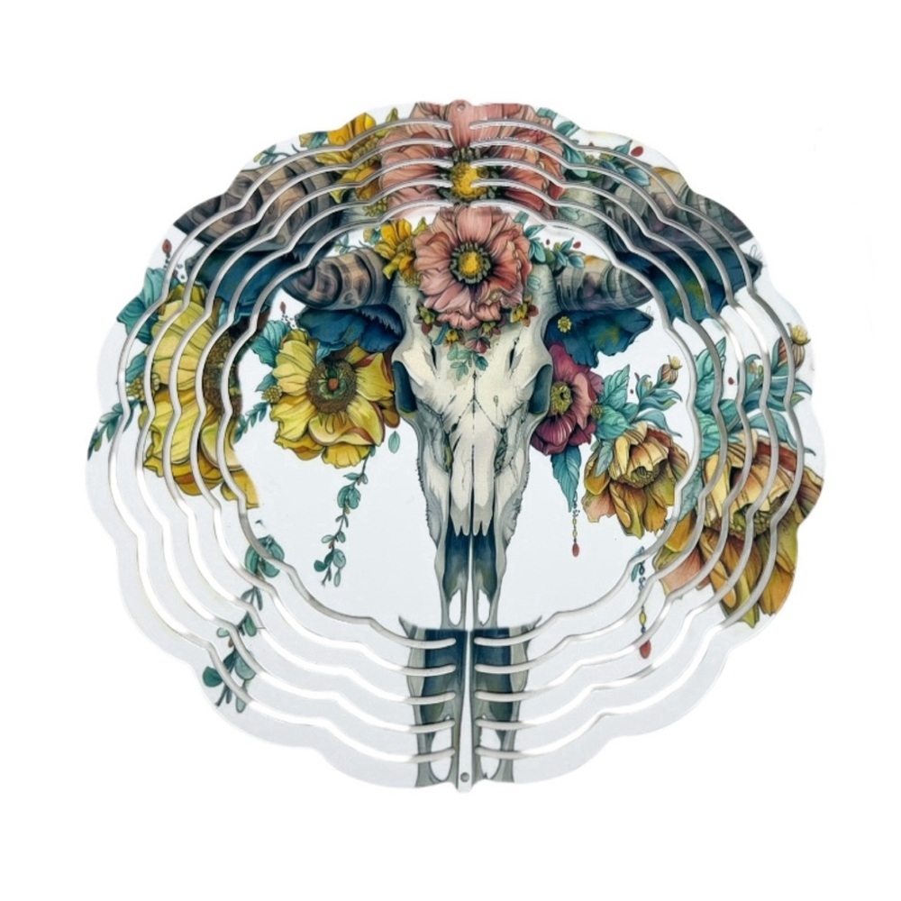 Longhorn Skull With Flowers 8 Inch 3D Aluminum Wind Spinner Custom Handmade